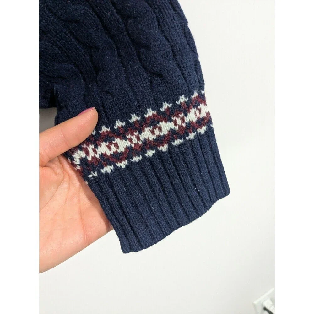 Lands End Men's Lambswool Cable Knit Fair Isle Sweater Navy Shawl Collar Sz XL